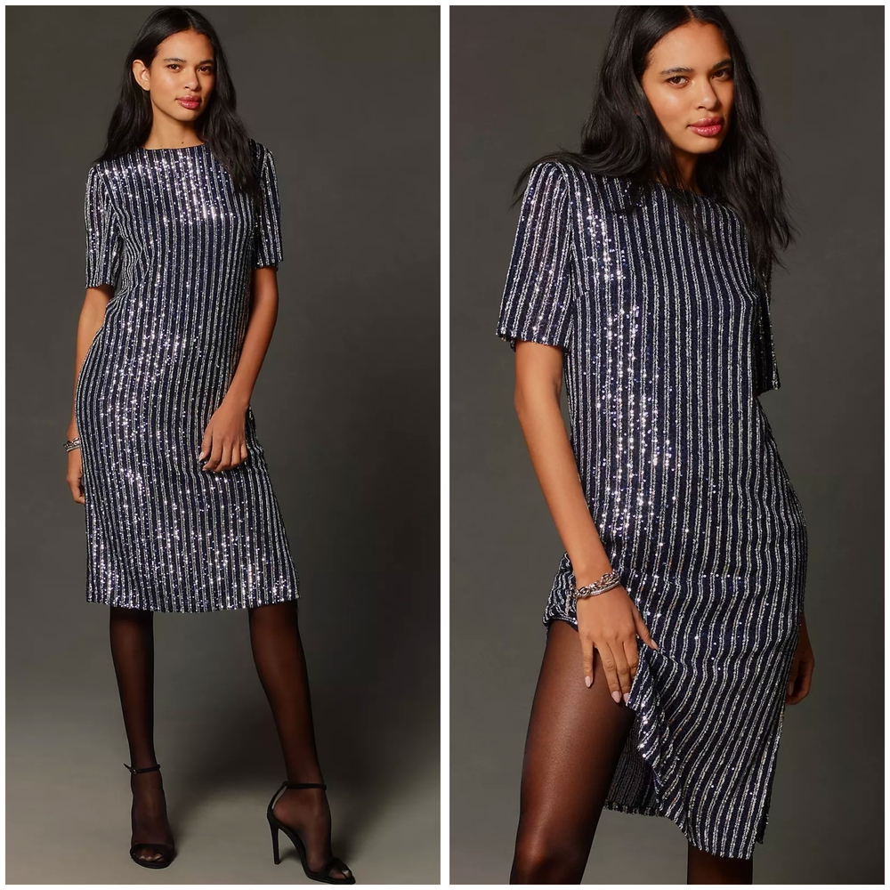 Anthropologie, Flat White Short-Sleeve Sequin Stripe Midi Dress In NAVY
